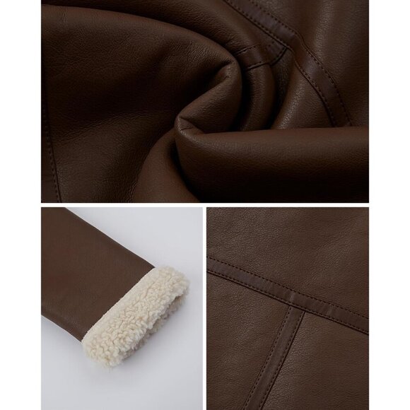 Women's Fur Leather Jacket Shearing Cropped Faux Fur Lined Moto Biker 155 Brown - Picture 5 of 5